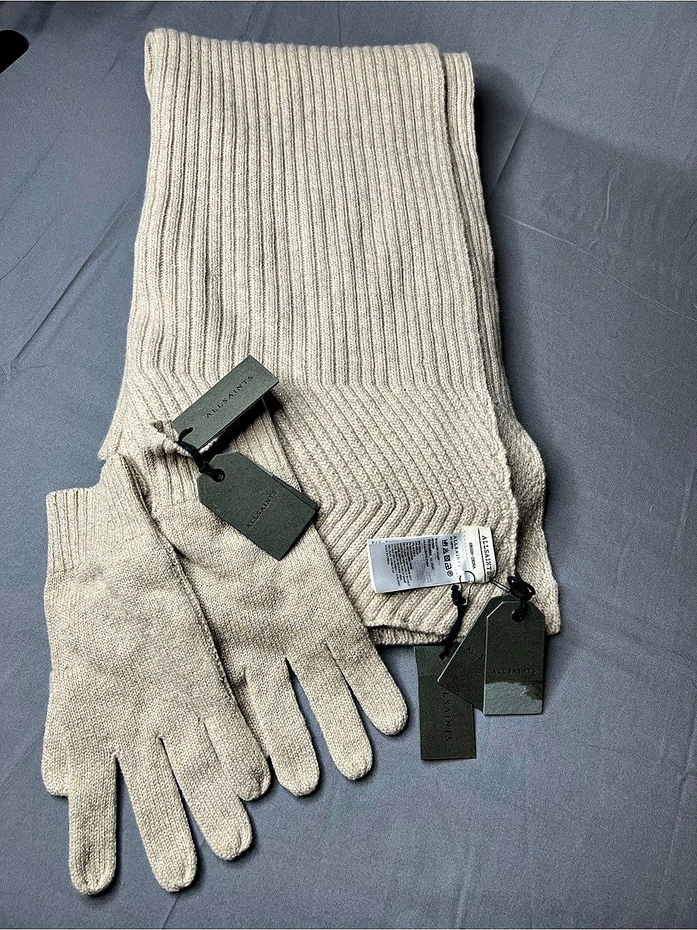 AllSaints Walkon Scarf & Matching Gloves Set – Nude Gold Sparkle – NWT